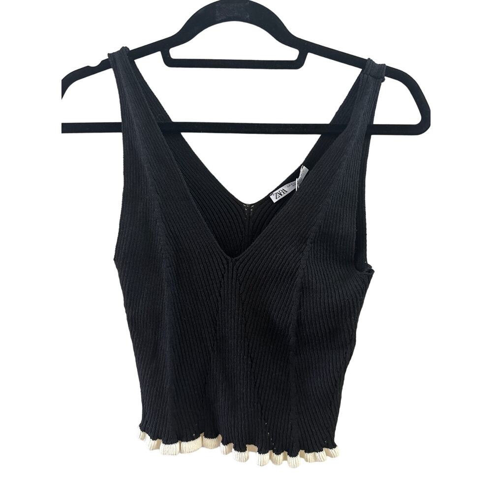 Zara Knit Crop Top Black with Scalloped Bottom Womens Size Small NWT - Picture 2 of 5